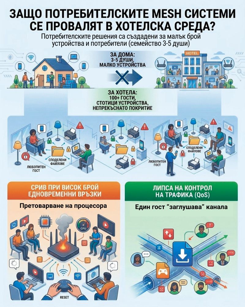 Защо потребителските Mesh системи се провалят в хотелска среда